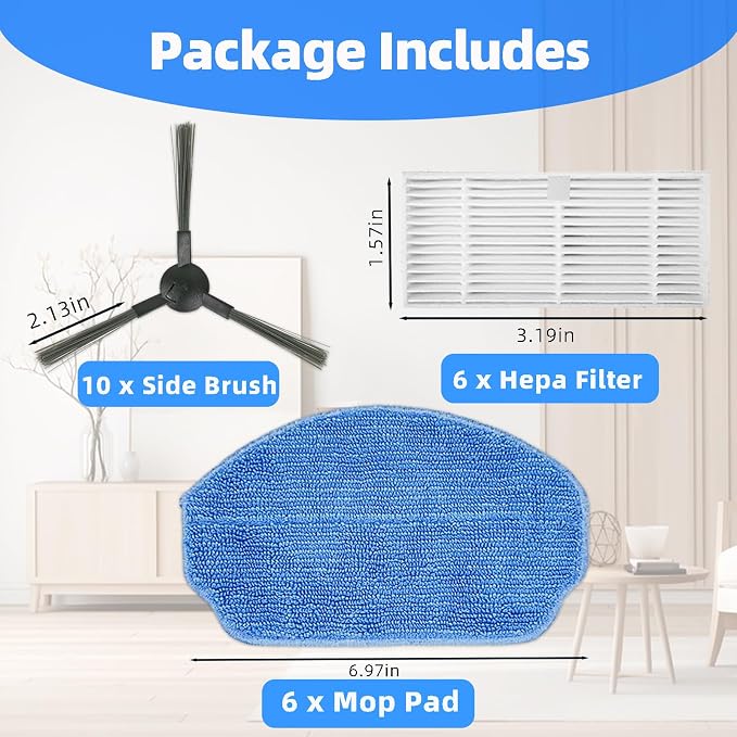 Replacement Parts for MAMNV BR151, for ZCWA BR151, for Kilgone G20, for MANVINS G20, for XIEBro Life BR151, for iMartine BR151, for ONSON BR151, for MANVN BR151,10 Side Brush, 6 HEPA Filter, 6 Mop Pad