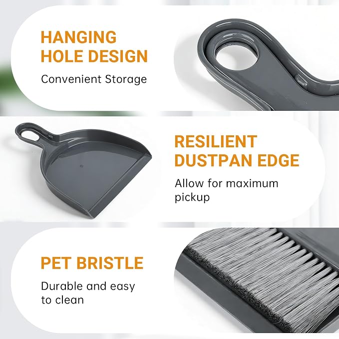 THINKLEARN 2PCS Small Dust Pan and Brush Set, Mini Broom Dustpan Kit | Portable Brush Dustpan Combo Set, Dark Gray Cleaning Supplies