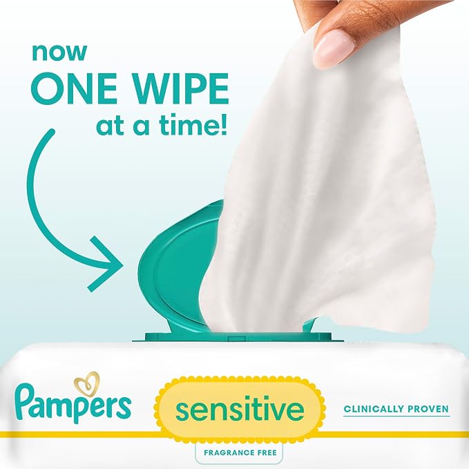Pampers Sensitive Baby Wipes, Clinically Proven, Fragrance Free, Unscented, Water Based, Hypoallergenic, Multi-Use, Hand Wipes 504 Wipes Total (6X Flip-Top Packs) [Packaging May Vary]