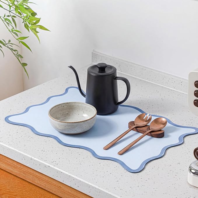 Nuanchu Blue Scalloped Dish Drying Mat for Kitchen Counter, Waterproof Easy Clean Non-slip Coffee Bar Station Accessories, Trendy Cute Aesthetic Modern Drainer Kitchen Drying Mat, 12" x 19"
