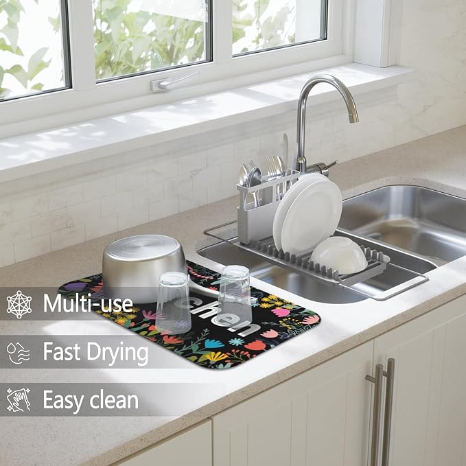 Dish Drying Mat 2-Pack in Floral Garden for Kitchen Counter Dishes Mat | Diatom Mud Mats (18x24, 19.5x12"). Non-slip rubber back for kitchen counter, coffee bar & sink scenes