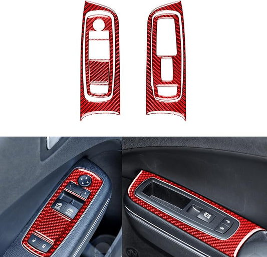 Window Switch Panel Trim Fit for Dodge Charger/Chrysler 300 2011-2023 | Real Carbon Fiber | Accessories | Front Door Window Lift Control Surround Trim Set | Thick Overlay | Self-adhesive | Red
