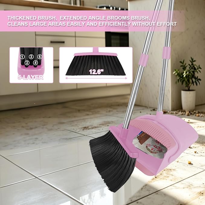 Pink Broom and Dustpan Combo Set, 51" Long Handle Broom with Mini Set | Mini Set for Tables, Kitchens & Tight Spaces, Built-in Comb Dustpan, Foldable Space-Saving Storage, Multi-Surface Use