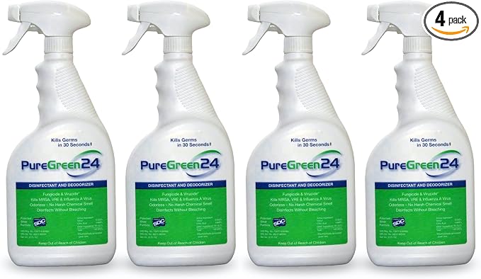 PureGreen24 Safe & Effective Disinfectant. Kills Deadly Germs including RSV Norovirus MRSA Staph infulenza A Bird flu Contains no toxic chemicals odorless child & pet safe 4 32oz spray bottles