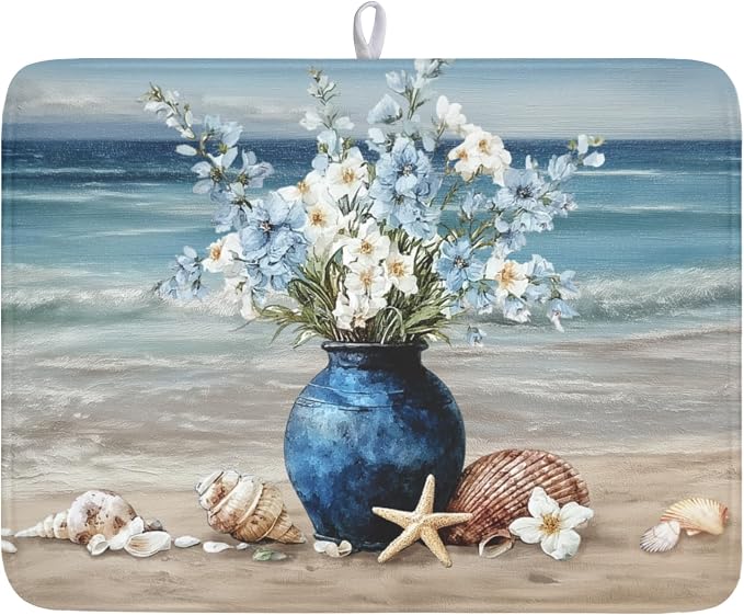 Summer Beach Dish Drying Mat for Kitchen Counter Nautical Coastal Blue Ocean Vase Floral Seashells Microfiber Dish Drainer Mat Absorbent Washable Drying Pad 18"x24"