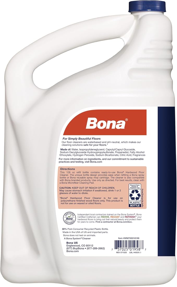 Bona Hardwood Floor Cleaner Refill - 128 fl oz - Cedar Wood Scent | Residue-Free Floor Cleaning Solution Spray Mop and Spray Bottle Refill - For Wood Floors