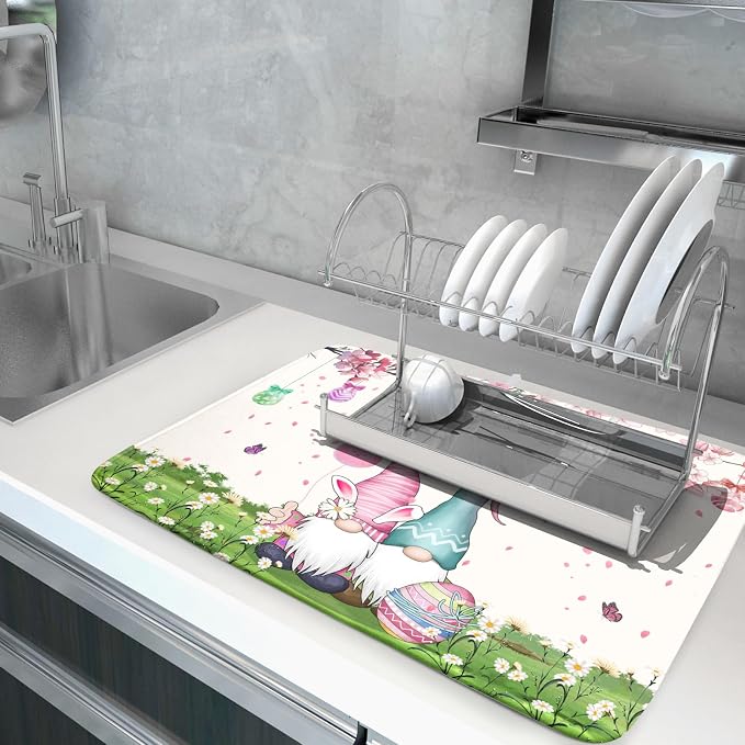 Giwawa Easter Gnome Dish Drying Mat Floral Eggs Bunny Kitchen Drainer Mat 18x24 inch Absorbent Holiday Fast Dry Pad Protector for Counter Tabletop
