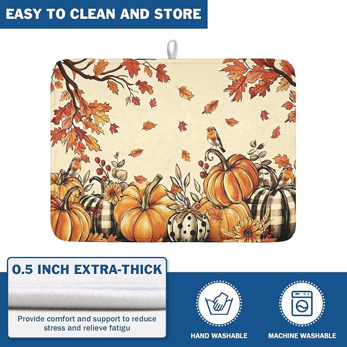 Fall Orange Pumpkin Dish Drying Mat for Kitchen Counter 18 x 24 Inch Autumn Maple Leaf Dish Drainer Mat Absorbent Microfiber Thanksgiving Harvest Dish Rack Pad for Coffee Dining Bar Decor
