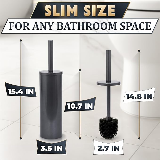 Graphite Metallic Stainless Steel Toilet Brush and Holder Set | Toilet Bowl Brush and Holder with Splash Cover, Sturdy Bristles, Corrosion & Scratch Resistant, Elegant Design