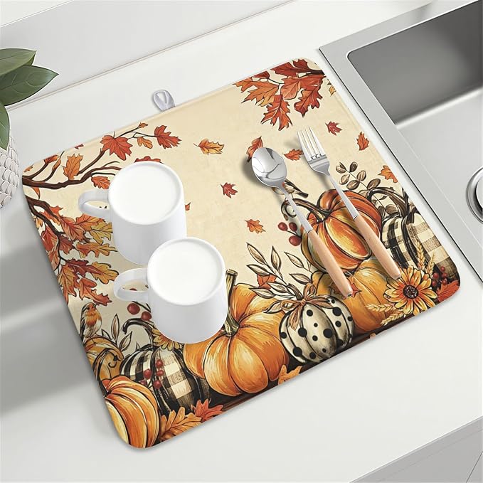 Fall Orange Pumpkin Dish Drying Mat for Kitchen Counter 16 x 18 Inch Autumn Maple Leaf Dish Drainer Mat Absorbent Microfiber Thanksgiving Harvest Dish Rack Pad for Coffee Dining Bar Decor