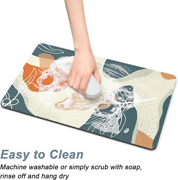Rnivvi Coffee Mat, 12" x 19" Cute Boho Theme Coffee Bar Mats for Espresso Machine Station Accessories and Organizer, Hide Stain Rubber Backed Absorbent Dish Drying Pad for Kitchen Counter, Leaves