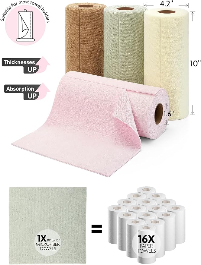 Fantasticlean Kitchen Towels Roll, 80 Sheets, 10'' (Pink,Grayish,Beige,Tan) | Tear-away Dish Towels for Kitchen, Ultra Absorbent, Lint-free, Premium Microfiber Cleaning Cloths, for All-Purpose Cleaning