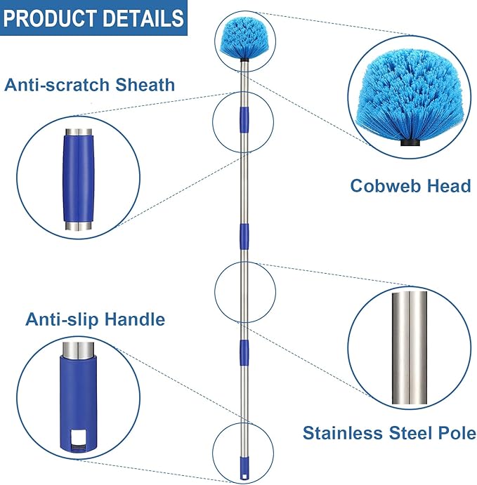 Cobweb Duster with Pole, 10ft Stainless Steel Pole Cobweb Brush with Medium-Stiff Bristles for Walls Beams Shelves Iight Fixtures and Window Screens