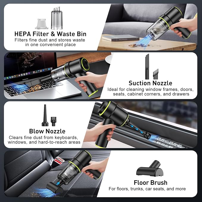 KMM Handheld Car Vacuum Cleaner, 9000PA Vacuum & Air Duster | 120W High Power, Portable Cordless, Rechargeable, Multi-Nozzles & LED Light for Home, Car, Office