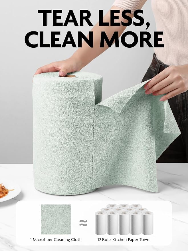 Fantasticlean Microfiber Cleaning Cloth Roll- 75 Sheets, 12"x12"(MossGreen) | Super Absorbent, Lint-free, Tear-away Microfiber Towel Roll, for All-Purpose Cleaning, Reusable Alternative to Paper Towels