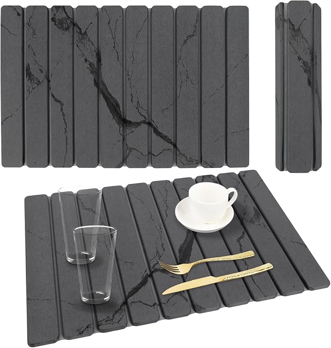 Stone Dish Drying Mat for Kitchen Counter, 24''×15'' Dishes Drying Matt Kitchen Counter, Absorbent Diatomaceous Earth Bath Quick Dry Mats for Tableware, Bottles and Cup(Dark Grey Marble)