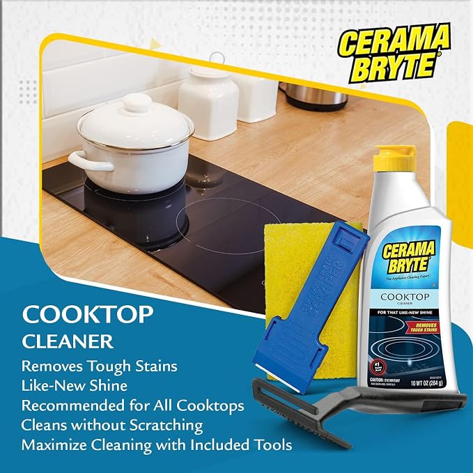 Cerama Bryte - Cooktop Cleaning Kit - Includes 10 oz. Bottle of Cerama Bryte Cooktop Cleaner, 2 Cleaning Pads, 1 POW-R Grip Pad Tool and 1 Scraper packed in Reusable Container, White (SYNCHKG114607)