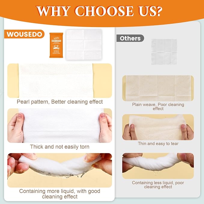 300 Pack Ultra Thick Body Wipes Individually Wrapped, Size 7.87" x 9.45" | Soft Shower Wipes for Adults Bathing No Rinse, Personal Cleansing Wipes for Travel Gym, Bulk Deodorant for Homeless(Orange)