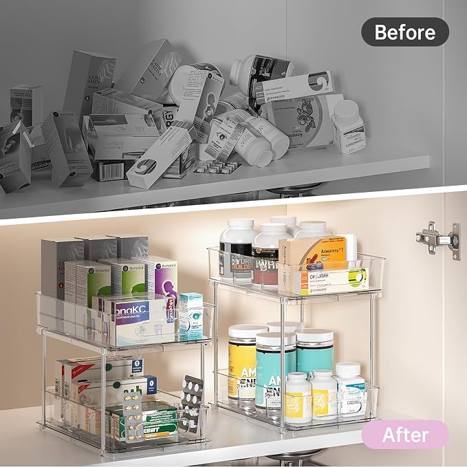 Delamu 2 Tier Under Sink Organizer Bathroom, Bathroom Cabinet Organizer with Snap-Lock Design and Hooks, Pull Out Storage with Movable Dividers, for Countertop, Kitchen and Pantry (Clear, 2 Pack)