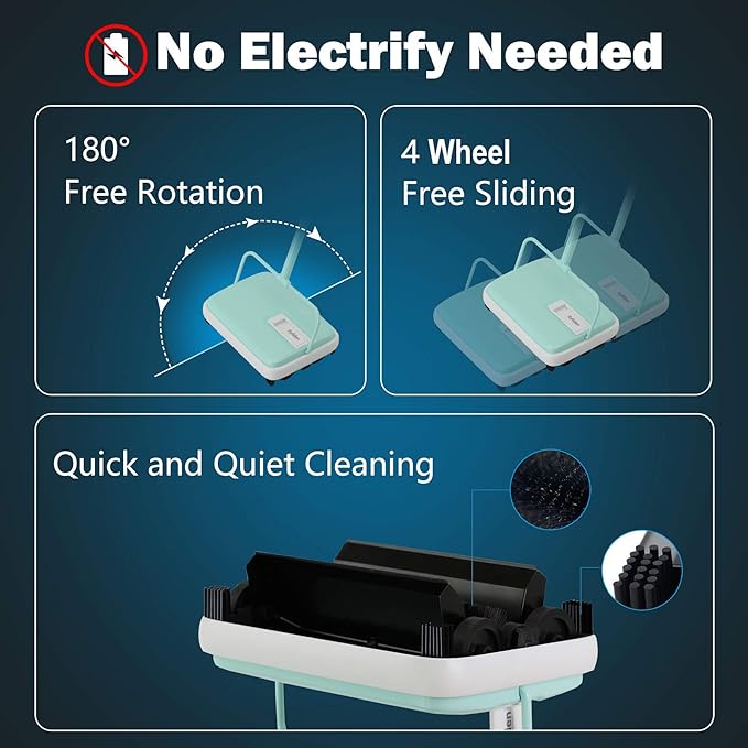 Eyliden Carpet Sweeper, Mini Size, Manual Sweeping, Mint | Lightweight, Hand Push - No Noise, Non-Electric, Easy Clener, Only for Carpet and Rug Cleaning