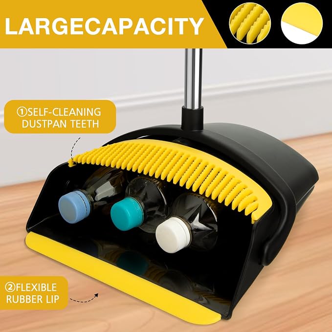 Broom and Dustpan Set,Long Handle,Black Yellow | Stand up Dustpans with Broom Combo, Indoor & Outdoor Sweeping, for Home Room Kitchen Office Lobby