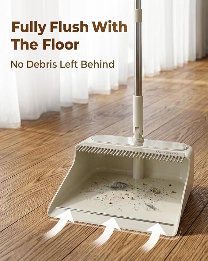 INDCAN Broom and Dustpan Set with 52" Adjustable Long Handle, Upright Standing Dustpan with Comb Teeth, Foldable Dustpan, Angled Broom Head for Corners, Indoor Floor Sweeping Set (Santra Lite)