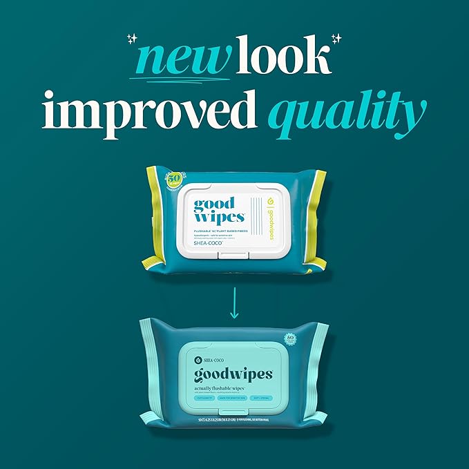 goodwipes Flushable Wipes - Shea-Coco Wet Wipes for Adults, Sewer & Septic Safe, Guest Bathroom Essentials for Women & Men, pH Balanced & Extra Large, 153 Count (3 Packs and 3 Singles)