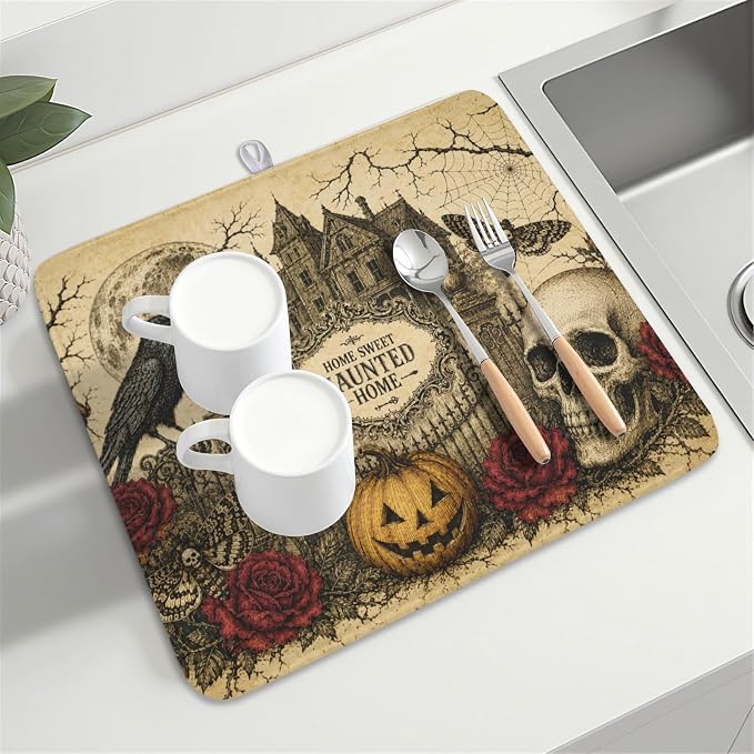 Halloween Pumpkin Dish Drying Mat for Kitchen Counter 16 x 18 Inch Ghost Castle Dish Drainer Mat Absorbent Microfiber Rose Skull Crow Dish Rack Pad for Coffee Dining Bar Decor
