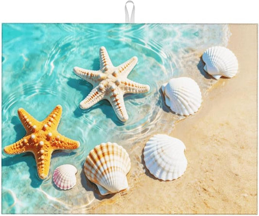Ocean Sea Dish Drying Mat for Summer Kitchen Counter, Microfiber Absorbent Beach Dish Draining Mat Extra Large 18"x24"