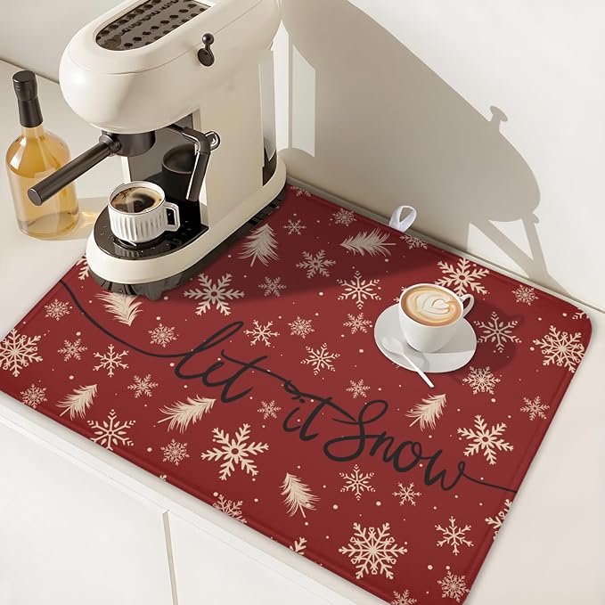 Christmas Snowflake Dish Drying Mat for Kitchen Counter 18x24 Inch | Red Xmas Theme Snowflakes Trees Snowy Dish Drainer Mat Rustic Winter Holiday Absorbent Washable Drying Pad