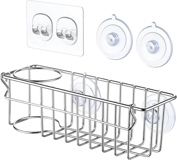 3-In-1 Sponge Holder for Kitchen Sink with Suction Cups & Adhesive Hook , In-sink Sponge Holder, Wall Hanging Sink Caddy Organizer Rack - Sponge, Dish Cloth, Brush, Scrubber - 304 Stainless Steel