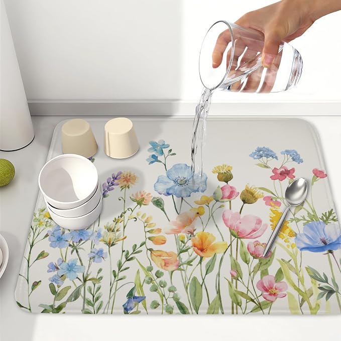 Botanical Floral Dish Drying Mat for Kitchen Counter 16x18 Inch | Wildflower，Polyester，Absorbent Microfiber，for Kitchen Coffee Dining Bar Decor