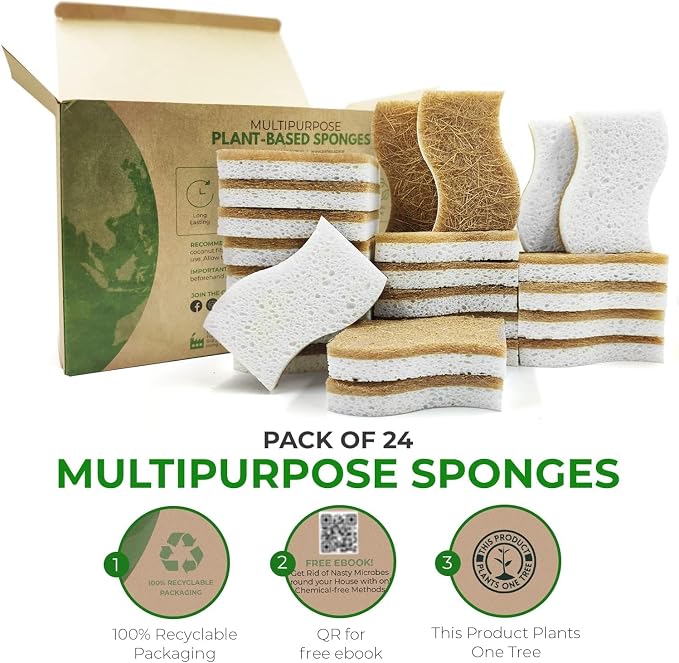 AIRNEX Natural Kitchen Sponges (24 Pack) - Biodegradable Cellulose & Coconut Scrubber Dish Sponges for Kitchen - Eco-Friendly, Non Scratch, Compostable, Non Toxic S-Shaped Natural Sponges for Dishes