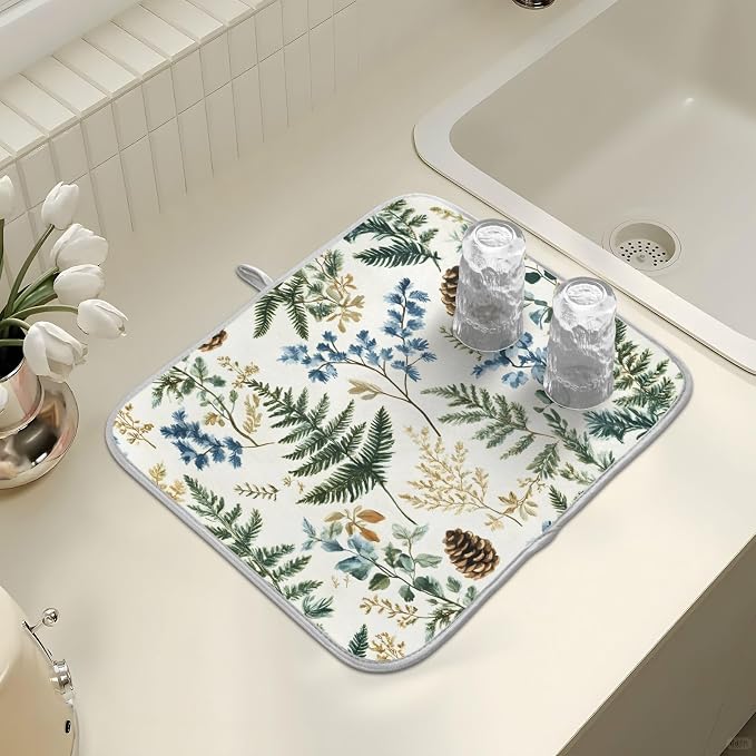 Vintage Herbs Fern Leaves Floral Plant02 Dish Drying Mat for Kitchen Counter Absorbent Microfiber Large Drying Pad Dish Mats for Kitchen Countertops 18 x 24 Inch