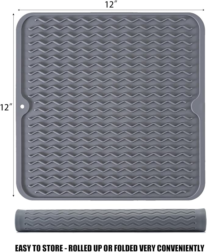 Silicone Dish Drying Mat, Non-Slip Easy Clean Sink Mat Large Heat-resistant Dish Drainer Mat for Kitchen Counter, Sink, Refrigerator or Drawer liner (12" x 12", GREY)