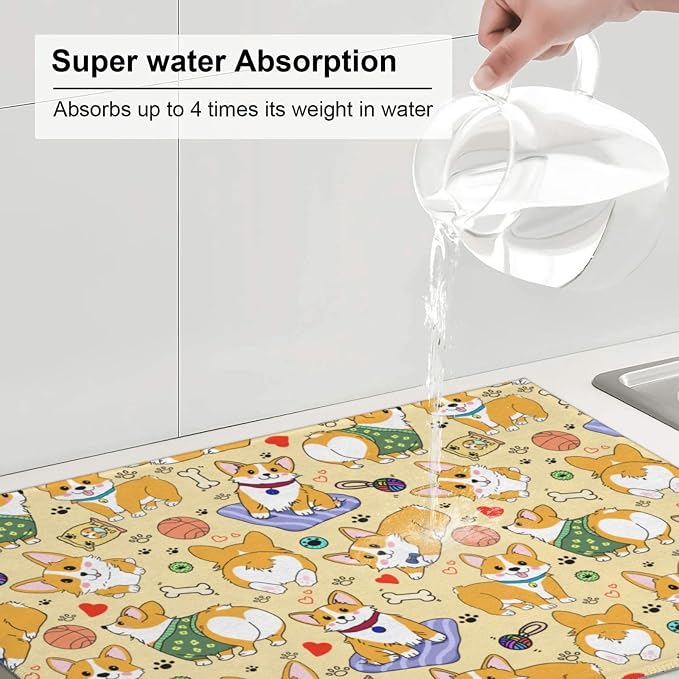 Cute Corgi Dog Dish Drying Mat for Kitchen Counter Cute Kitchen Dish Mat Microfiber Kitchen Countertop Absorbent Reversible Drainer Rack Pad