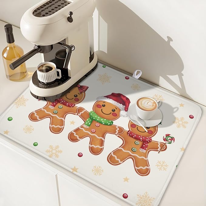 Christmas Gingerbread Man Dish Drying Mat for Kitchen Counter Xmas Gold Snowflake Dish Drainer Mat Rustic Farmhouse Winter Holiday Absorbent Washable Drying Pad 18"x24"