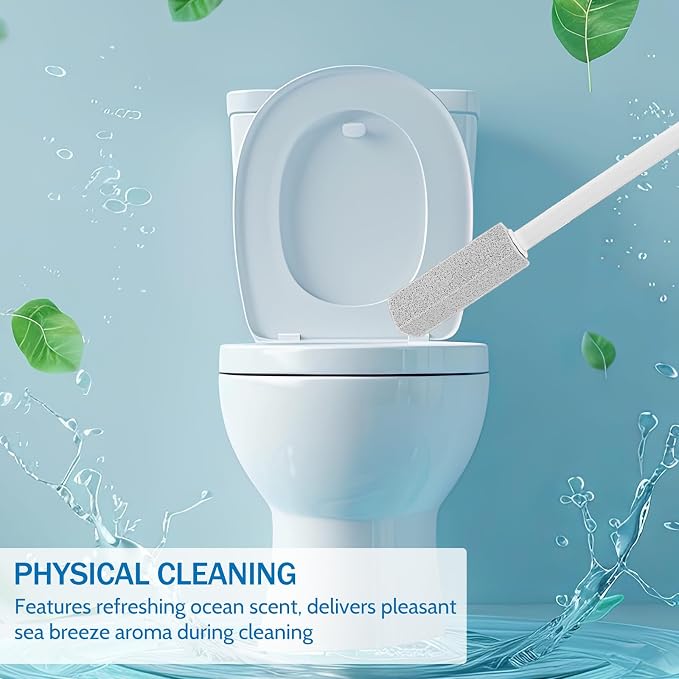 HUFAND Pumice Stone Toilet Bowl Cleaner with Long Handle, 5 Replaceable Heads, Ocean Scent, Hard Water Ring Remover for Grills, Tiles, Bathtubs, Sinks