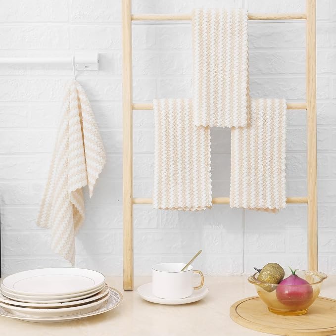 Homaxy Kitchen Towels(6 Pack, 10 x 20 inches), Ultra Soft and Absorbent Dish Towels, Reusable Fast Drying Microfiber Cleaning Cloth, Coral Velvet Wave Design No-lint, Beige
