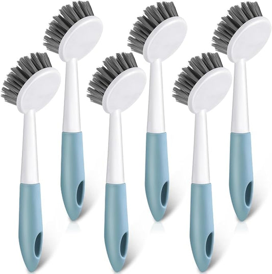 Patelai 6 Pack Kitchen Scrub Dish Brush with Long Handle Dish Scrubber with Stiff Bristles Scrub Brushes for Kitchen Dishes Washing Tools, Pots, Pans and Sink Cleaning (Celadon)