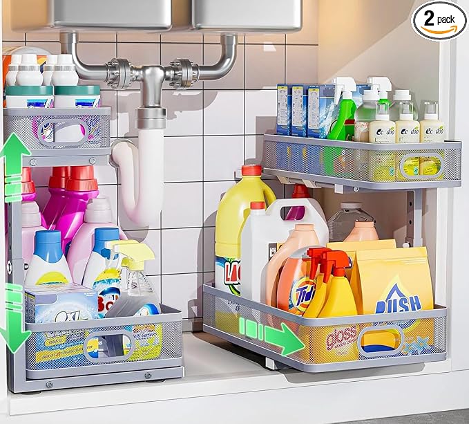 Under Sink Organizer 2 Pack, High Adjustable 2 Tier Under Sink Organizers and Storage, Slide out Metal Cabinet Organizers, Pull out Storage Drawer Shelf for Kitchen Bathroom Cabinet (Gray)