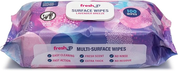 Multi-Surface Cleaning Wipes, 2 Packs x 100 Wipes, Thick No-Rinse No-Residue Surface Wipes for Kitchen, Bathroom, Glass, Stainless Steel, Granite, Wood & Plastic (Lavender Breeze)