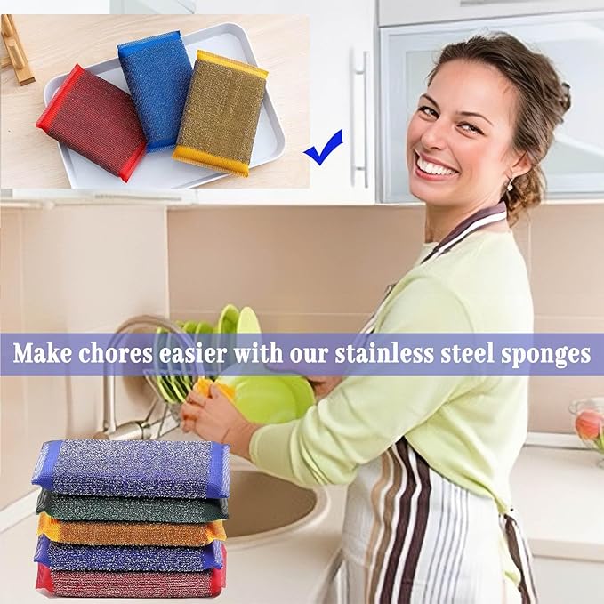 Steel Wool Scrubber Kitchen Sponges - 6 Pack Kitchen Dish Sponges Scrubbers, Non-Scratch Microfiber sponges for Cleaning, Pots and Pans Scrub Sponge