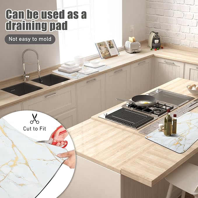 Sofort Dish Drying Mat for Kitchen Counter, Gold White Marble Dish Drying Pad with Non-slip Rubber Backed, Super Absorbent Drying Mats for Dish Rack, Coffee Maker 16 x 24 Inches