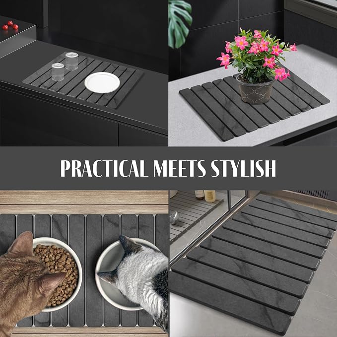 2 PCS Large Stone Dish Drying Mat for Kitchen Counter, 24"×16" Marble-Pattern Dish Drying Mat with 8"x 4" Coasters, Non - Slip Collapsible Absorbent Mat for Multi - Purpose, Match Any Countertop【Gray】