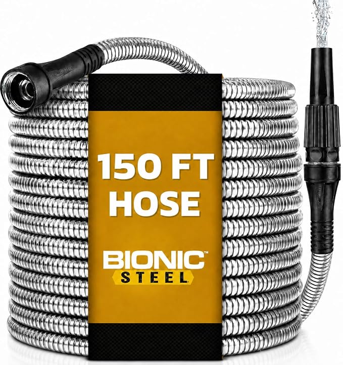 BIONIC STEEL 150 Ft Metal Garden Hose with Sprayer Nozzle | Non Kinking Design, Stainless Steel Heavy Duty Water Hose 150Ft x 5/8 in. Flexible & NON Expandable for Water Flow, 500 PSI