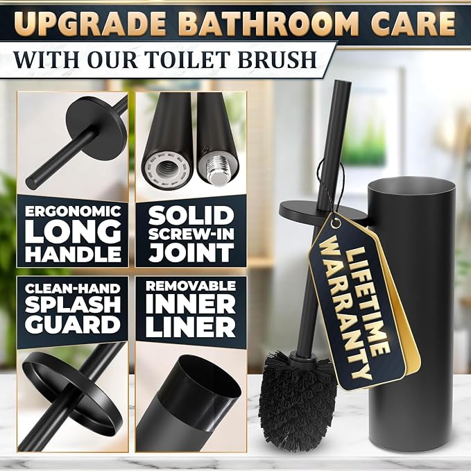 2 PCS Black Toilet Brush and Holder Set - Scratch Resistant Black Toilet Bowl Brush and Holder with Soft Bristles Replaceable Head, Protection from Splashes, and Compact Design - for Cleaning