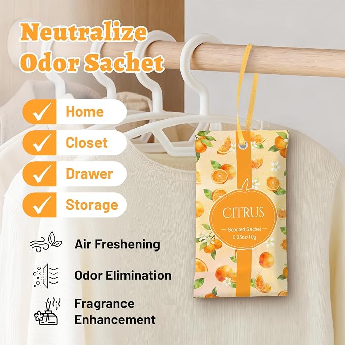 STRN Scented Sachets for Drawer and Closet, Citrus Scent 14 Packs for Home | Long-Lasting Sachets, Small Space Air Freshener for Wardrobes