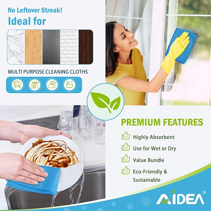 AIDEA Microfiber Cleaning Cloth Blue-50PK, Soft Absorbent Shop Rags, Microfiber Towels for Cars, Kitchen Towels, Dusting Cloth for Home, Window, Cleaning Supplies, 12"×12"