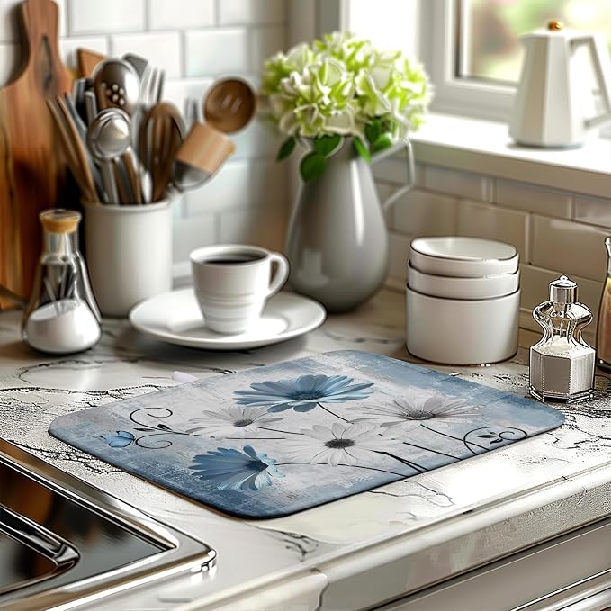 Dish Drying Mat for Kitchen Counter 16x18 Inch Blue Grey Daisy Drying Pads Rustic Vintage Floral Dish Dry Mat Microfiber Absorbent Farmhouse Dish Drainer Mat Flowers Dish Drainer Rack Mat
